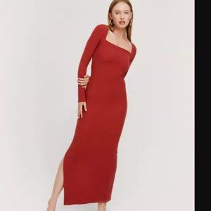 NASTY GAL Red Square Neck Ripple Ribbed Column Long Sleeve Bodycon Maxi Dress